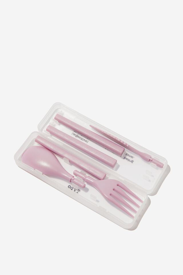 pink reusable cutlery with white box