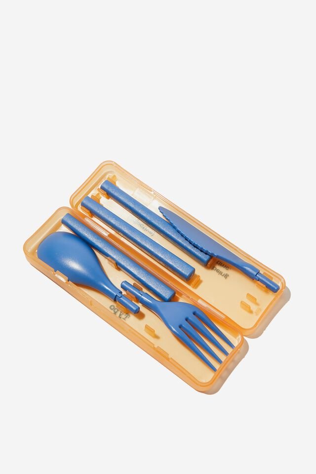 Blue reusable cutlery in an orange case