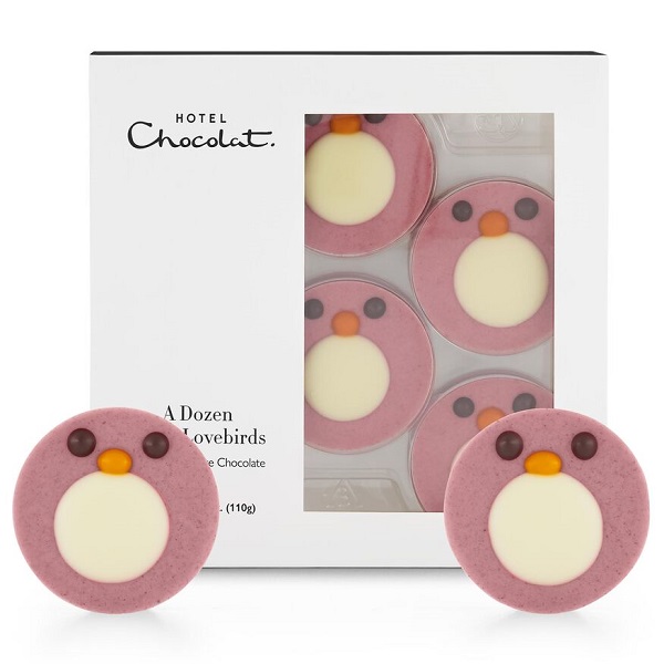 A box of round pink penguin chocolates